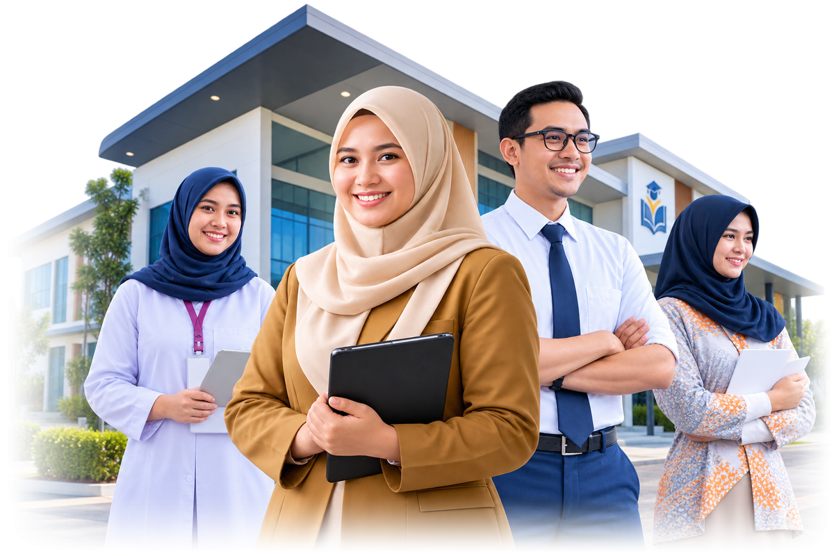 Guru-guru tersenyum di depan gedung sekolah, siap mengikuti pelatihan