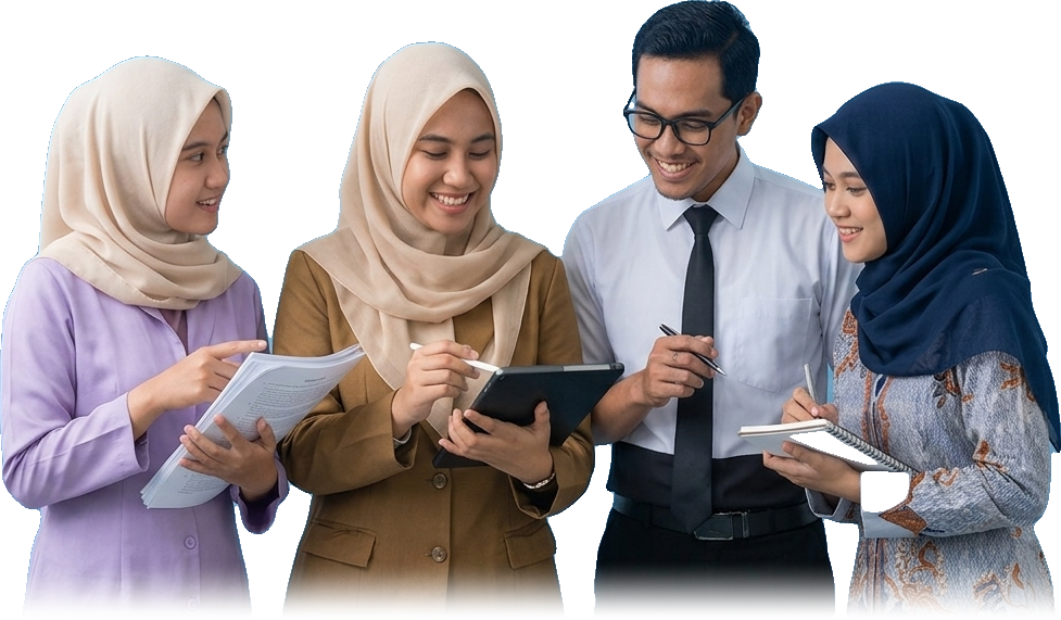 Empat guru berdiskusi sambil membawa buku dan tablet